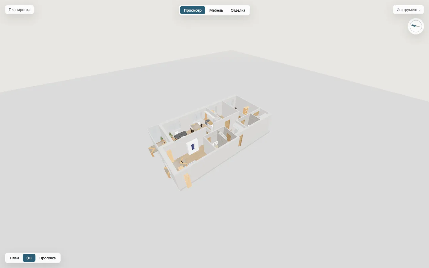 A 3D view of the apartment with furniture: the model rotates, walls can be cut away
