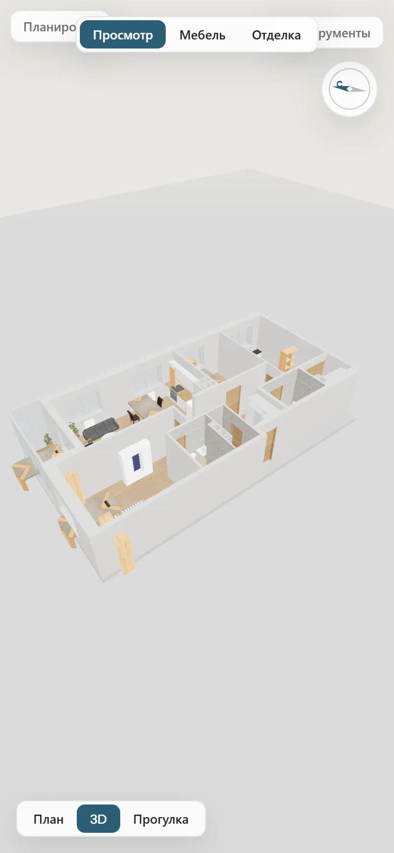 A 3D view of the apartment with furniture: the model rotates, walls can be cut away, mobile version