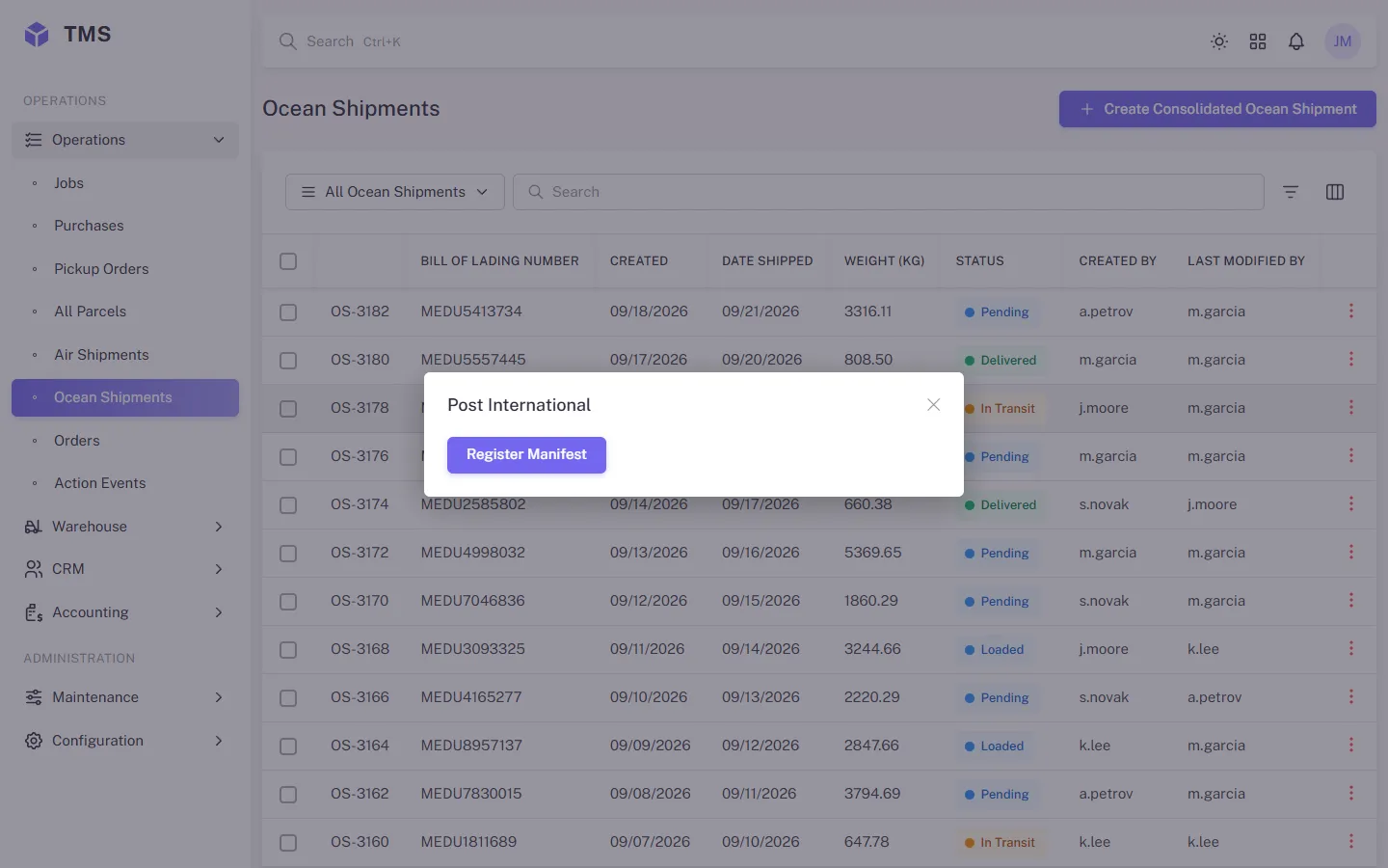An ocean shipment: the batch manifest is registered with the postal partner in one click. The screen is rebuilt from the app configuration, sample data