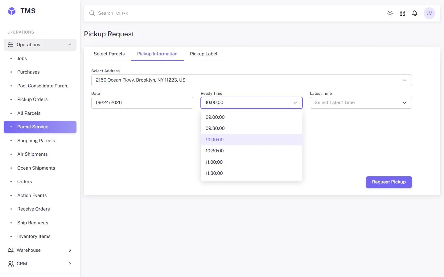 Pickup request by an agent: the Ready Time and Latest Time windows come from FedEx for the address and date. The screen is rebuilt from the app configuration, sample data