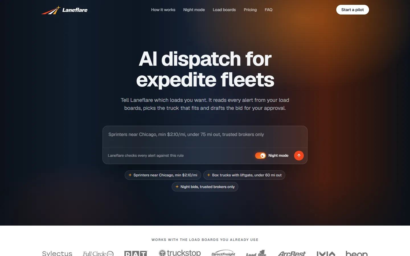 The product website: the dispatcher writes a rule, Laneflare checks every load board alert against it
