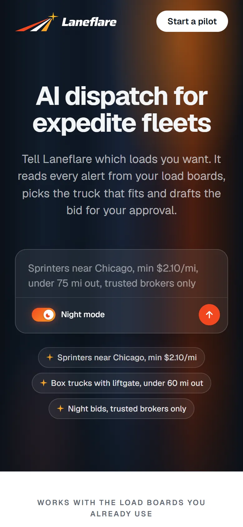 The product website: the dispatcher writes a rule, Laneflare checks every load board alert against it, mobile version