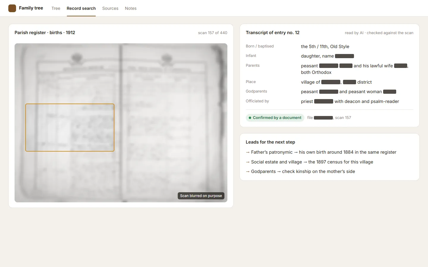 A parish register entry and its transcript: AI read the handwriting and checked the transcript against the scan. Scan blurred, names and places hidden