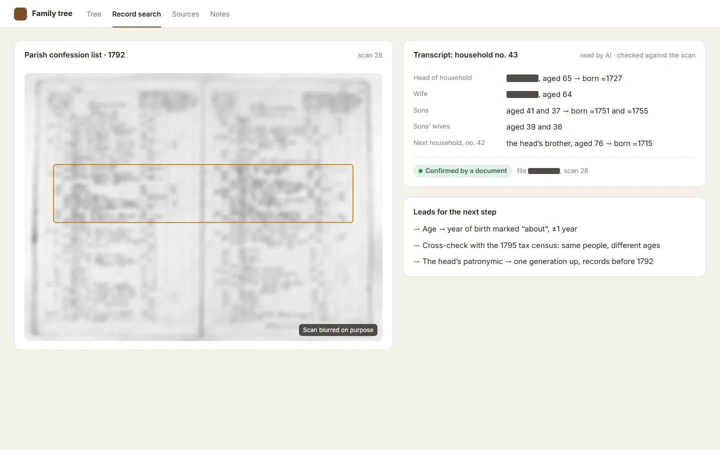 A household from a 1792 confession list: each person’s age becomes a year of birth. Scan blurred, names hidden