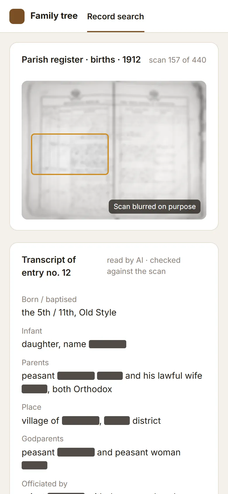 A parish register entry and its transcript: AI read the handwriting and checked the transcript against the scan. Scan blurred, names and places hidden, mobile version