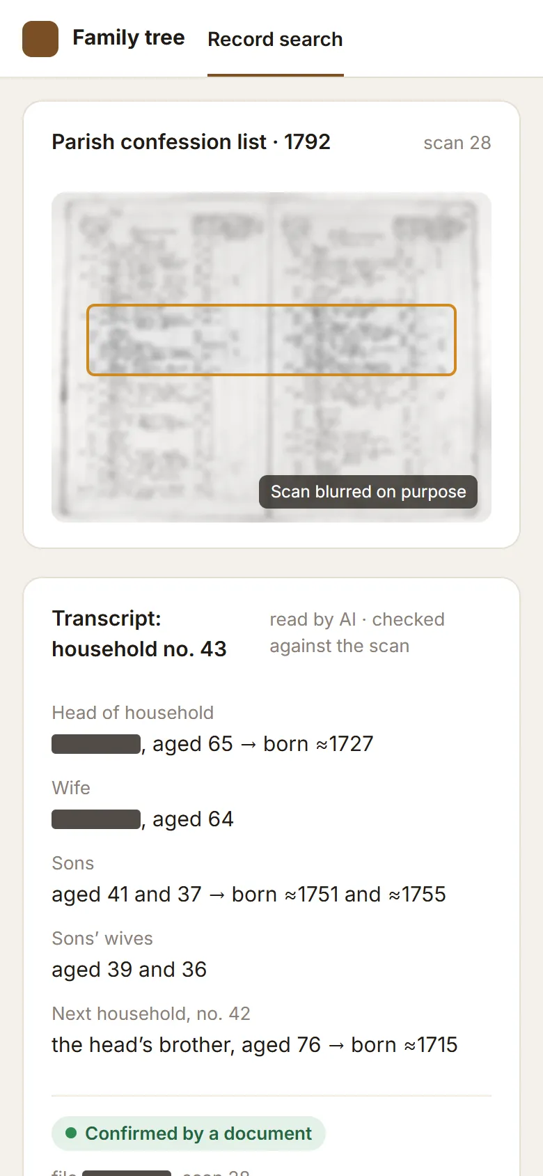 A household from a 1792 confession list: each person’s age becomes a year of birth. Scan blurred, names hidden, mobile version