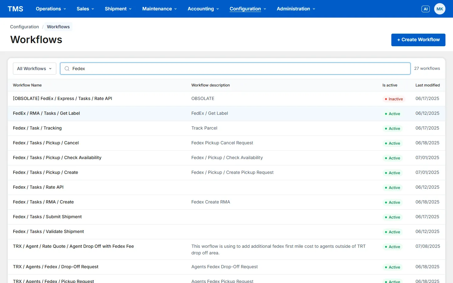 FedEx integration workflows in the system editor: names, descriptions and status are real, the date is the last change in the repository history